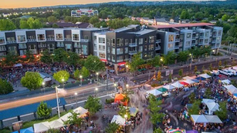 An evening market in Beaverton’s city center, seen from above