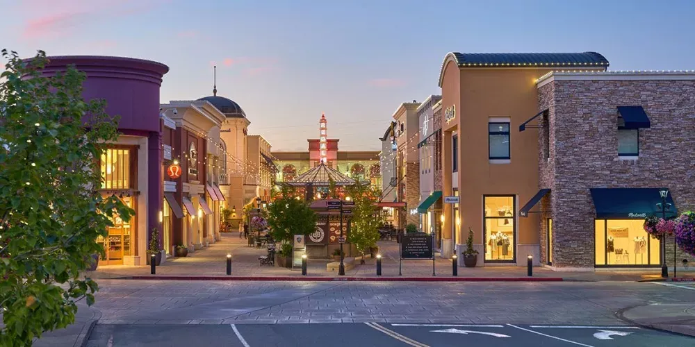Bridgeport Village in Tualatin at dusk