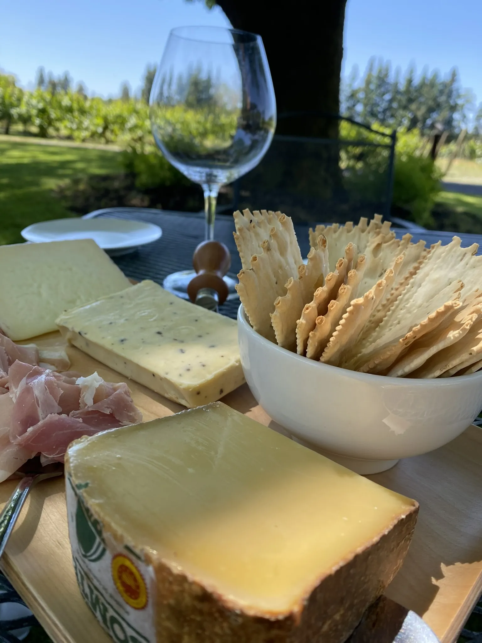 A cheese and cracker plate with a glass of wine on the patio