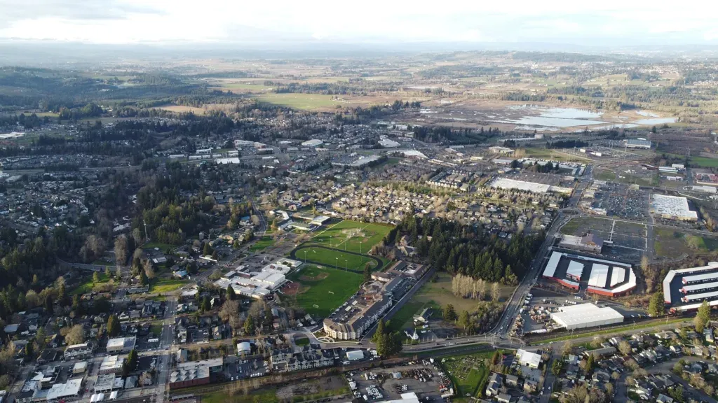 Sherwood from the air, with farmland beyond